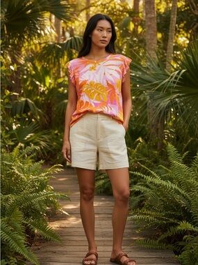 Kim & Cami Pink and Orange Tropical Print Short Sleeve Tee
